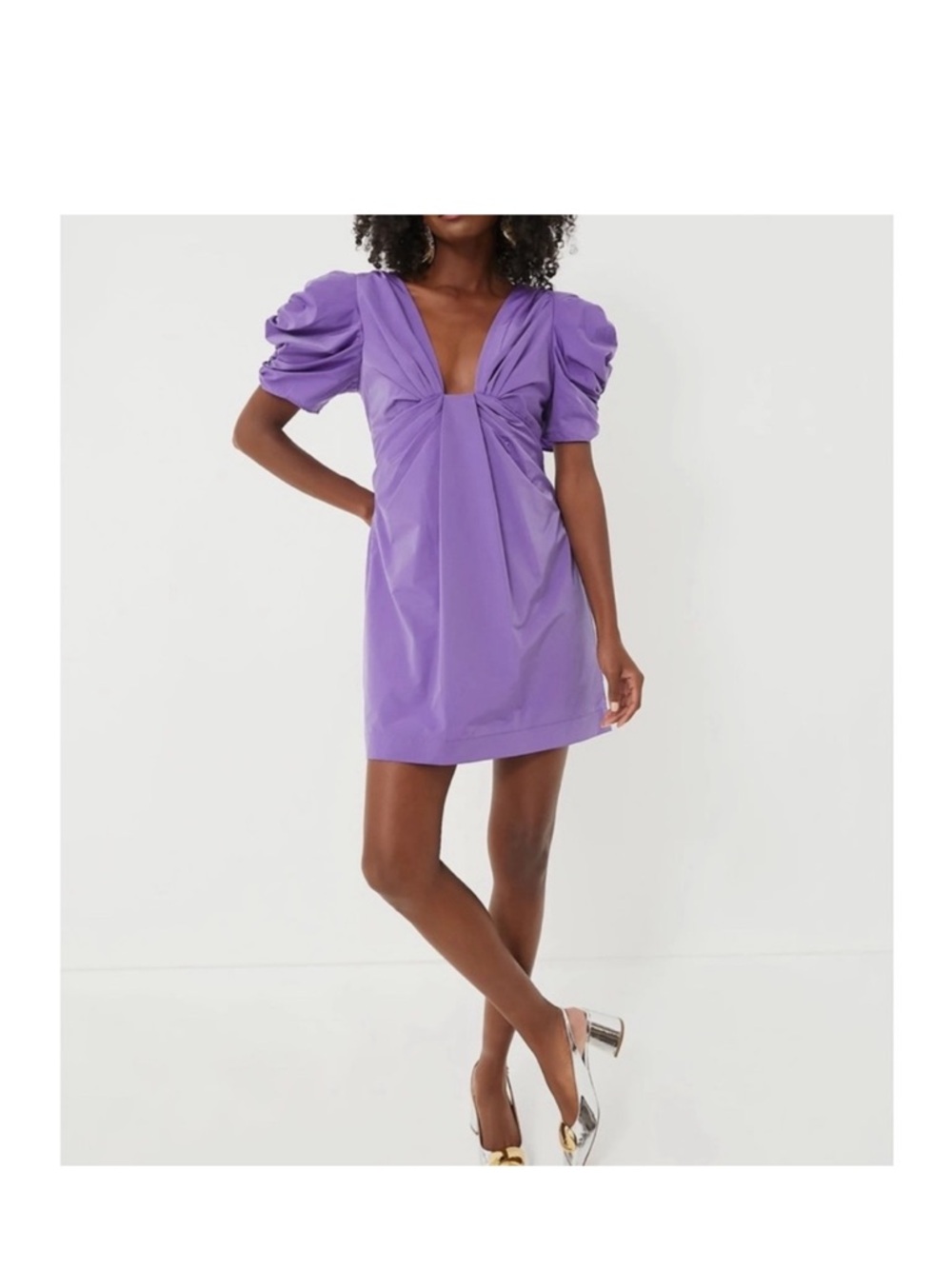 Vivid Purple Puff-Sleeve Mini Dress - Women's V-Neck